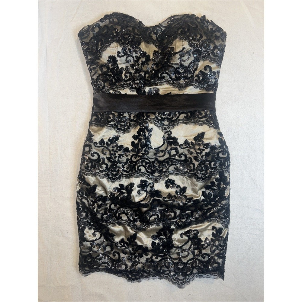 Gold w/ Black Lace Overlay Sequins Strapless Mini Dress Small Formal, Prom, Hoco